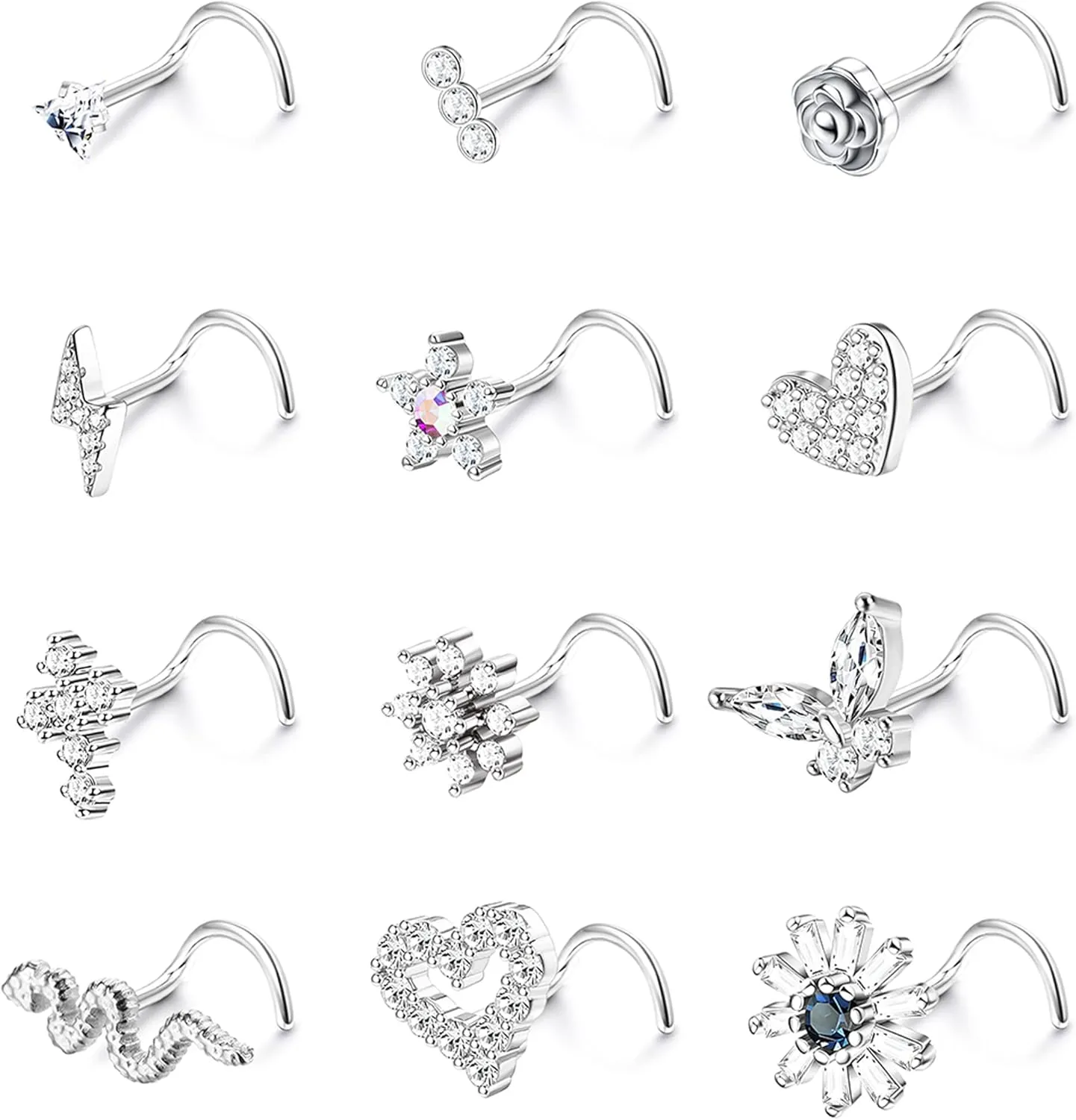 YADOCA 12 Pcs 20G Surgical Steel L Shaped Nose Rings Studs for Women Men - CZ Heart Butterfly Flower Snake Piercing Jewelry