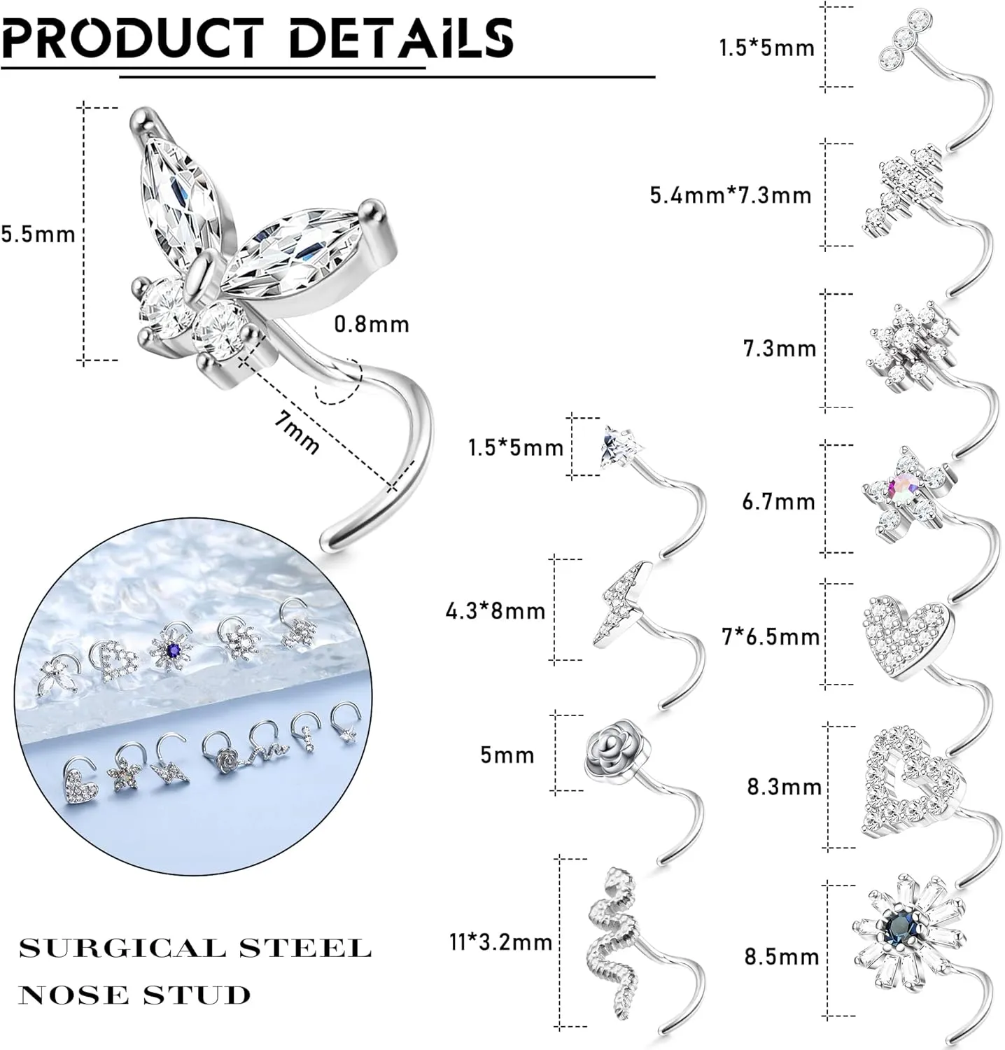 YADOCA 12 Pcs 20G Surgical Steel L Shaped Nose Rings Studs for Women Men - CZ Heart Butterfly Flower Snake Piercing Jewelry