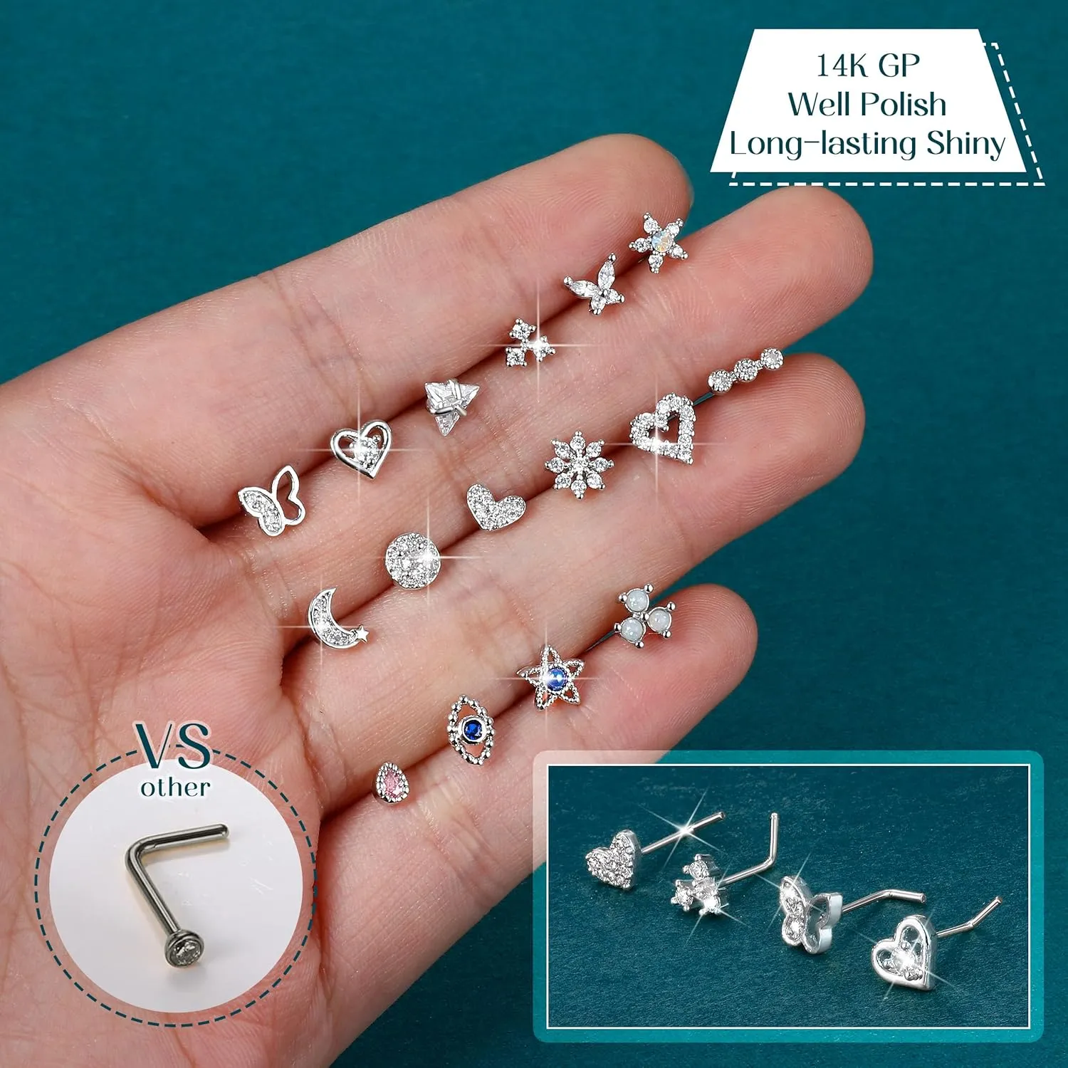 YADOCA Gold Nose Rings Studs for Women - 20G Surgical Steel Nose Ring L Shaped Nose Piercing Jewelry Hypoallergenic CZ Heart Nose Studs Silver Rose Gold 16Pcs